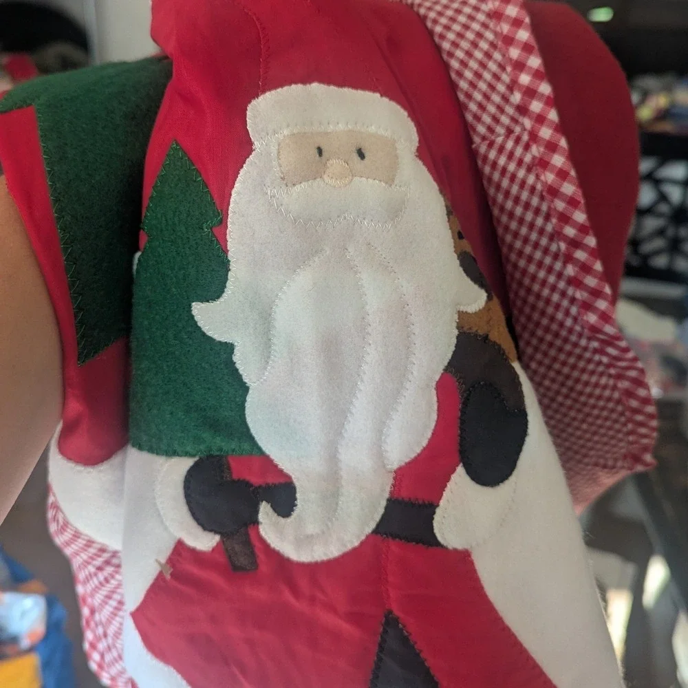 VTG Christmas Tree Skirt Felt Patchwork Applique Gingham Trim  Santa Claus 48'